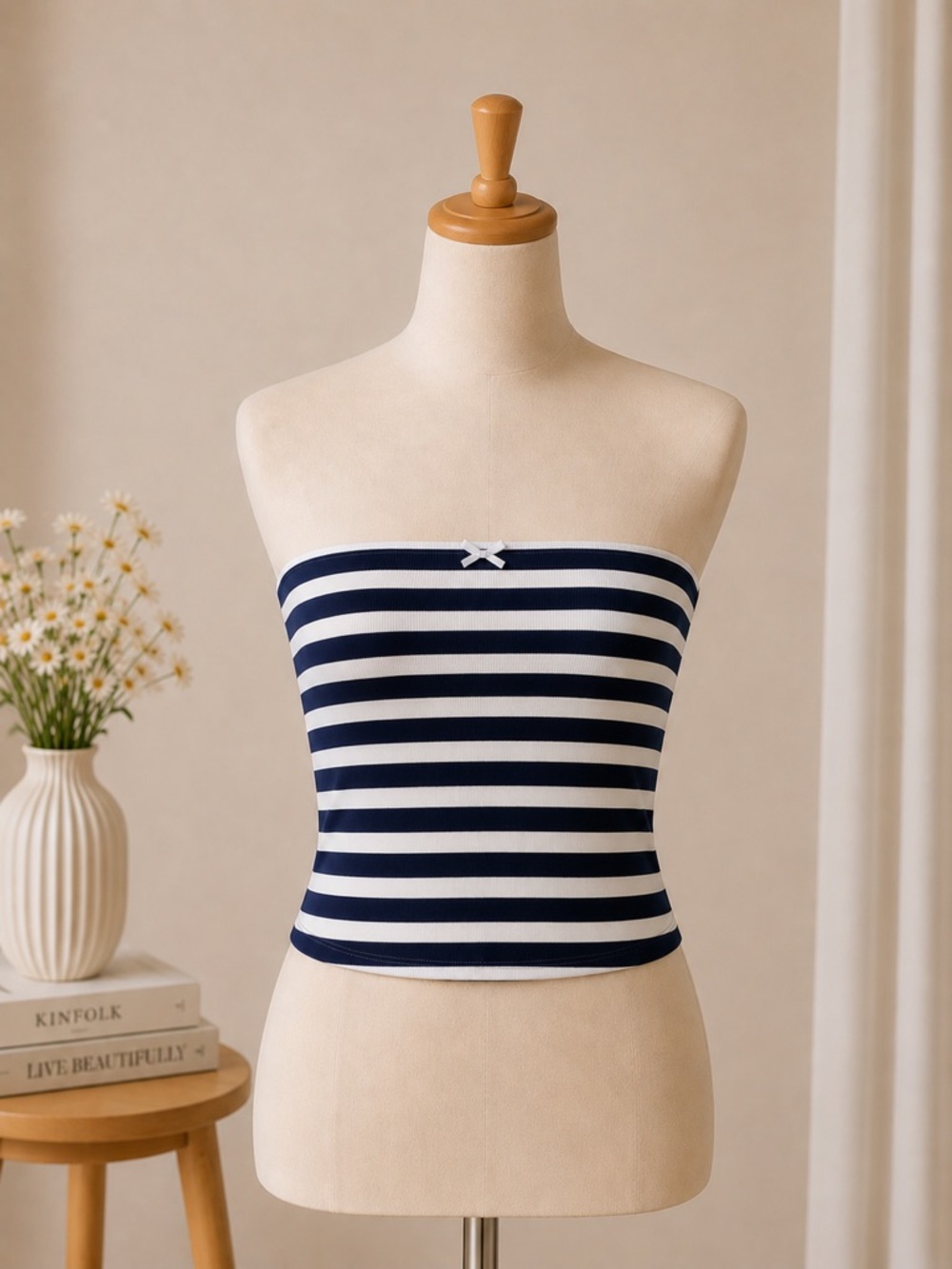 Striped Navy and White Bandeau Crop Top - Women's Strapless Tube Top